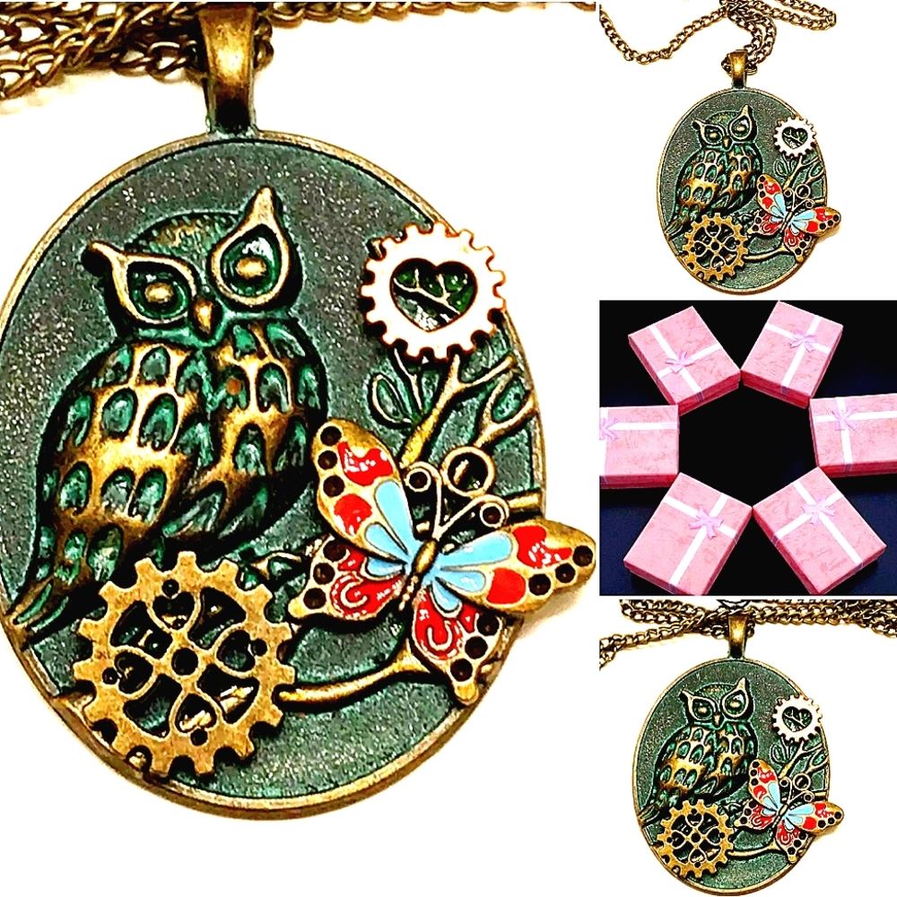 Turquoise pink blue gold owl butterfly heart gear's pendant necklace.